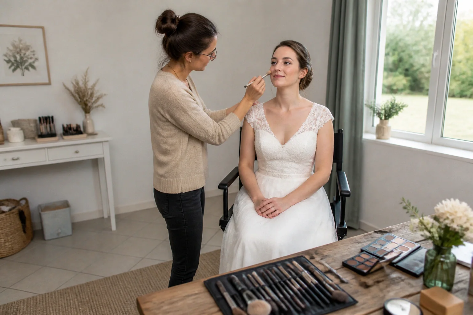 Préparation d’un maquillage de mariage — illustration générée par IA