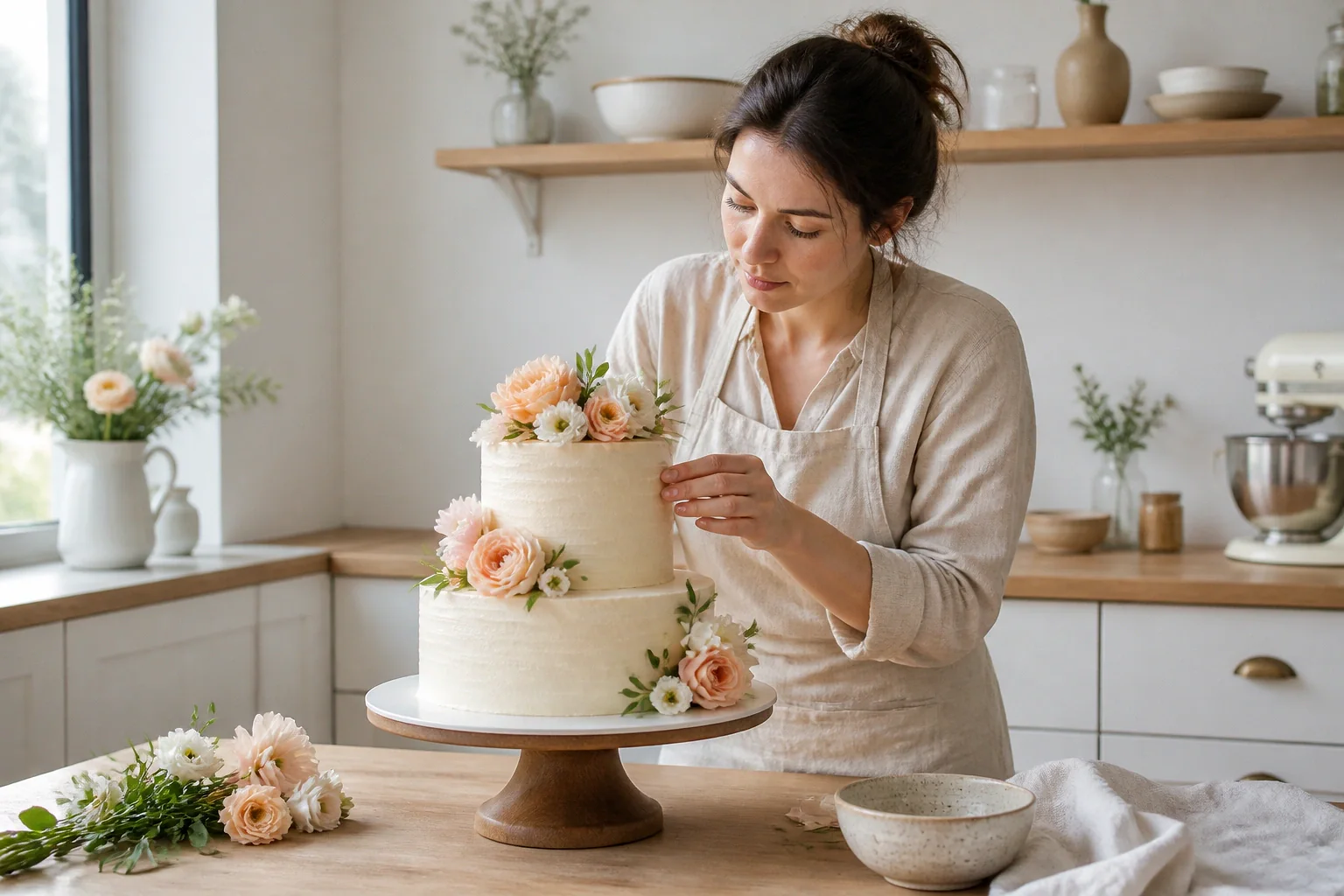 Gâteau de mariage préparé dans un atelier — illustration générée par IA