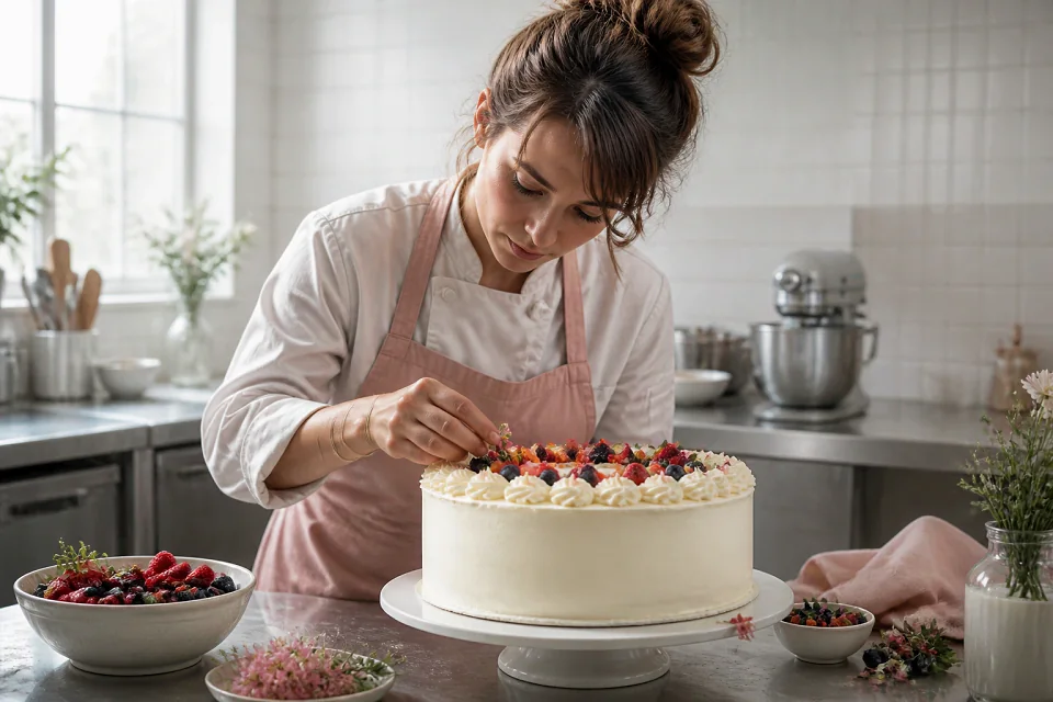 Gâteau de mariage préparé dans un atelier — illustration générée par IA