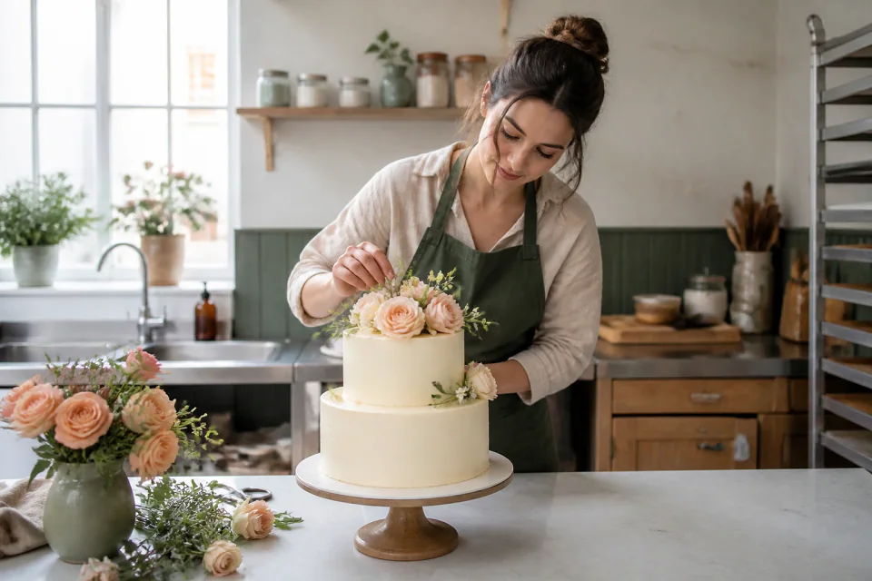 Gâteau de mariage préparé dans un atelier — illustration générée par IA