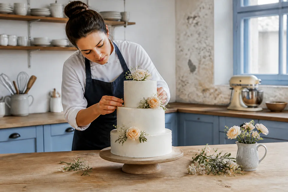 Gâteau de mariage préparé dans un atelier — illustration générée par IA