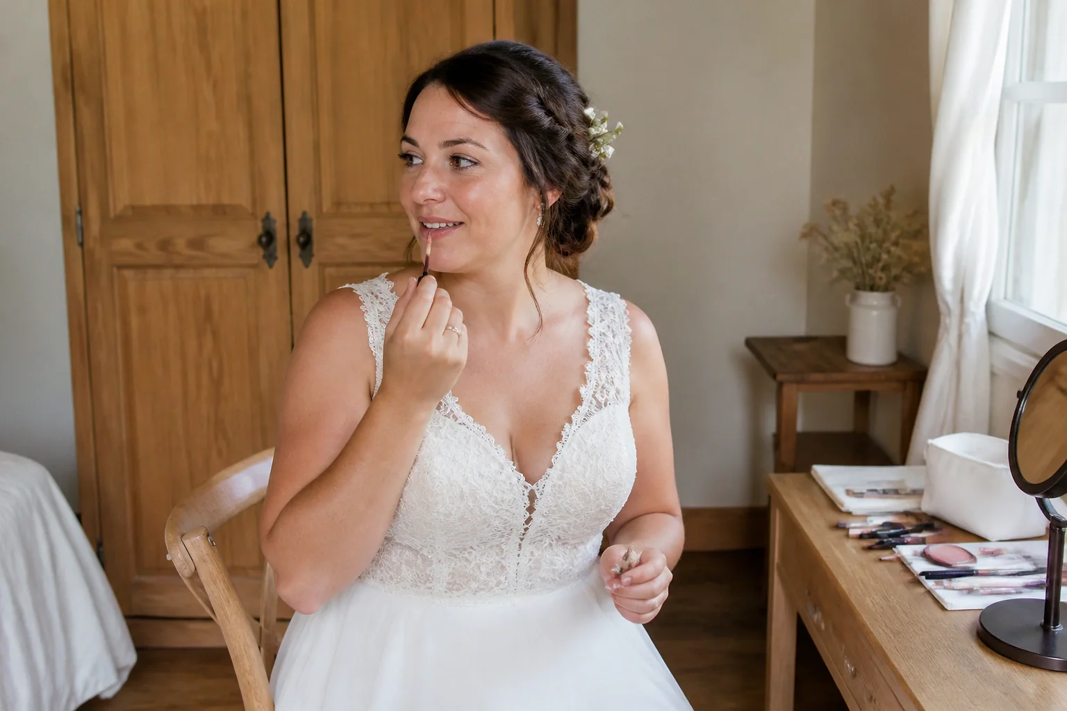 Préparation d’un maquillage de mariage — illustration générée par IA