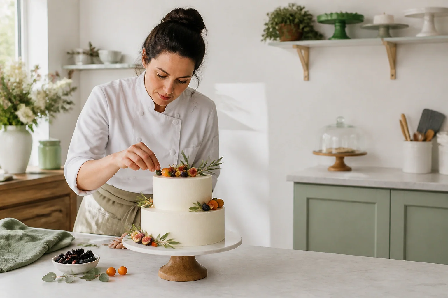 Gâteau de mariage préparé dans un atelier — illustration générée par IA