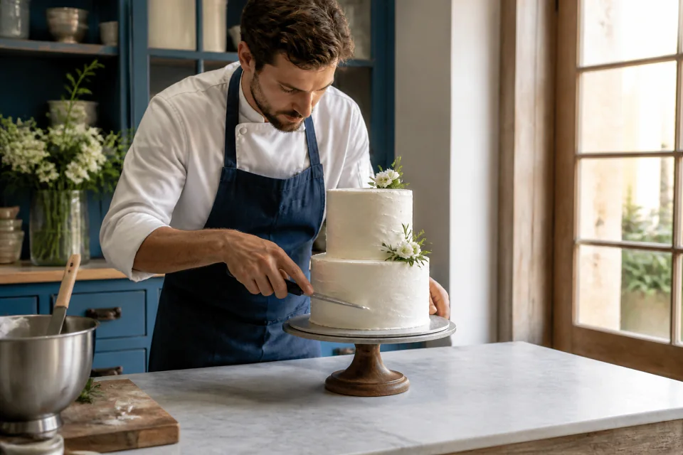 Gâteau de mariage préparé dans un atelier — illustration générée par IA