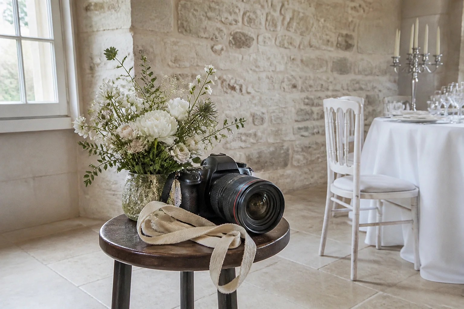 Appareil photo et accessoires de reportage de mariage — illustration générée par IA
