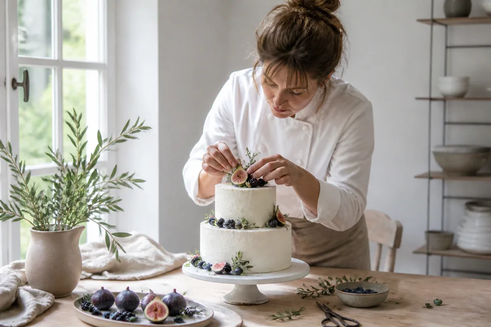 Gâteau de mariage préparé dans un atelier — illustration générée par IA