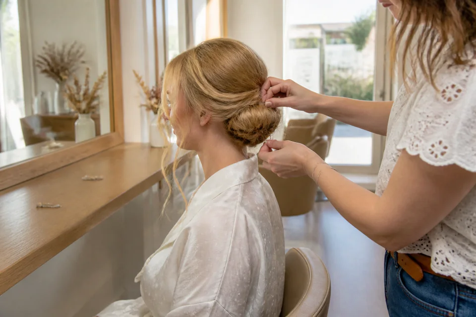 Coiffure de cérémonie vue pendant la préparation — illustration générée par IA