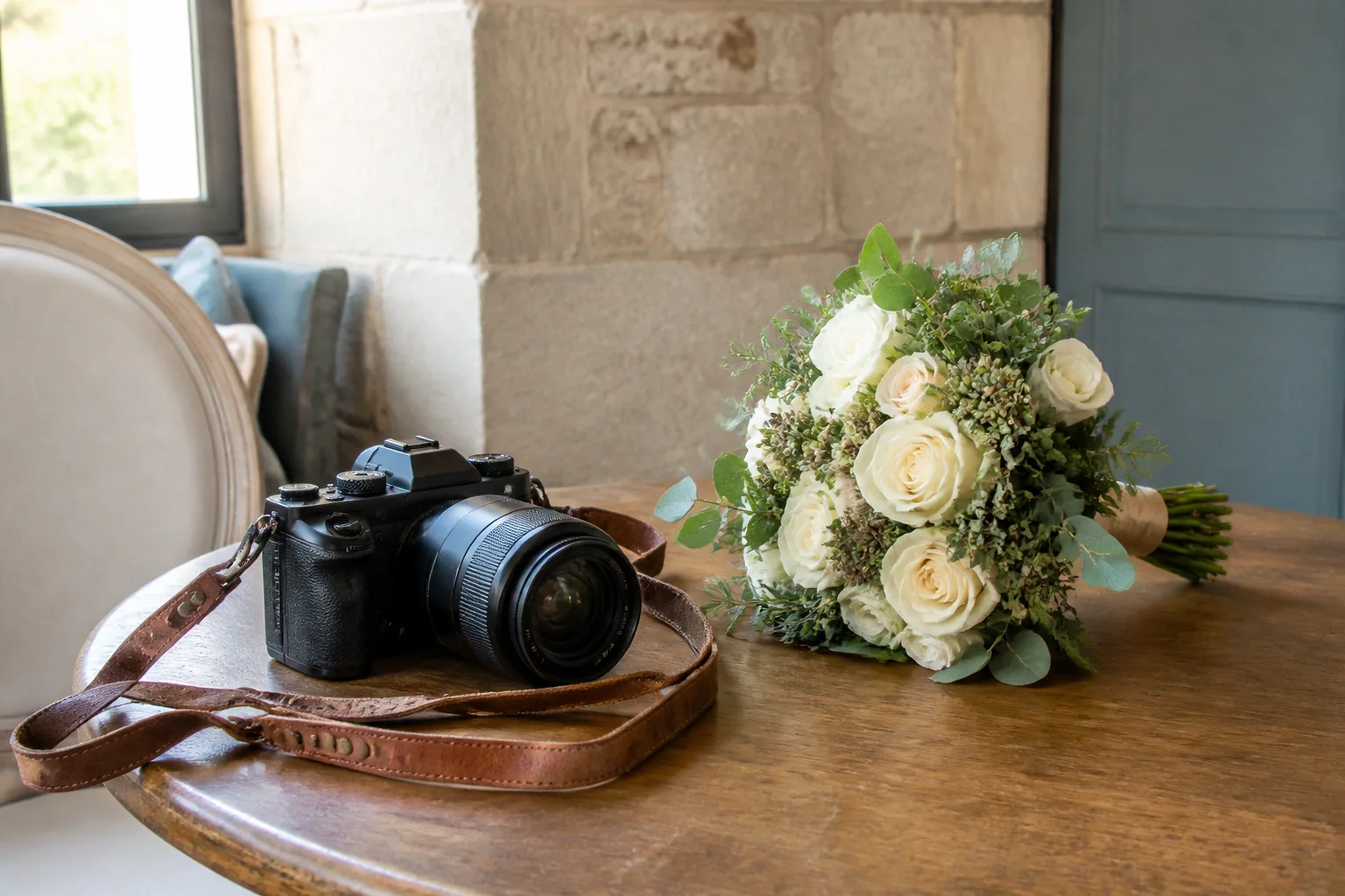 Appareil photo et accessoires de reportage de mariage — illustration générée par IA