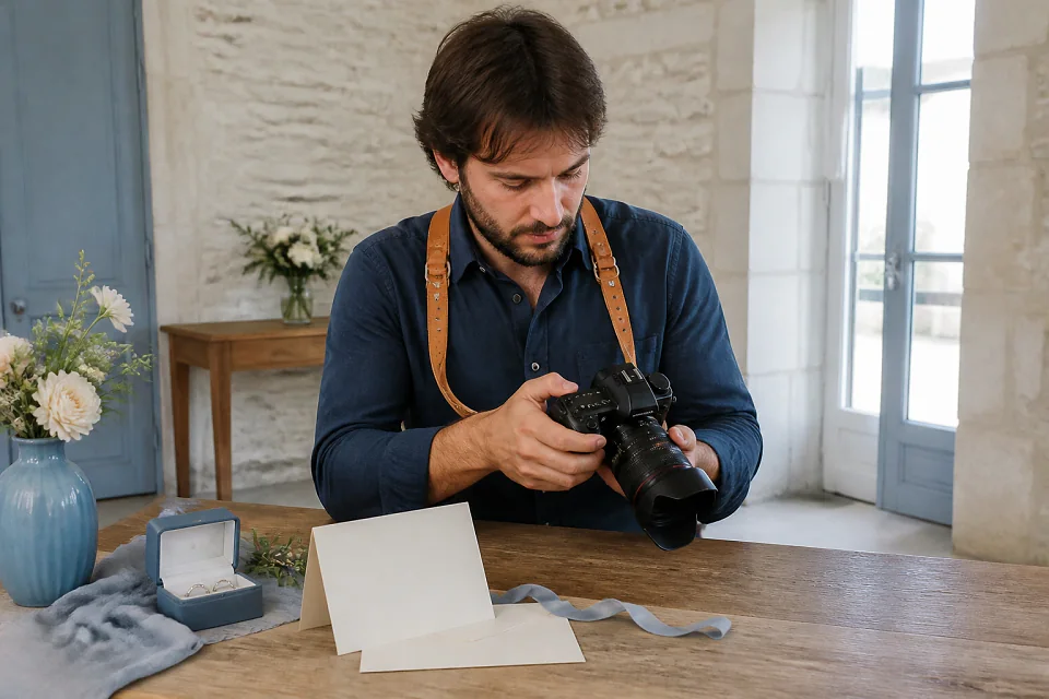 Appareil photo et accessoires de reportage de mariage — illustration générée par IA