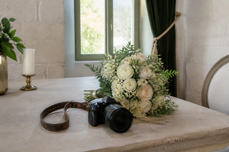 Appareil photo et accessoires de reportage de mariage — illustration générée par IA