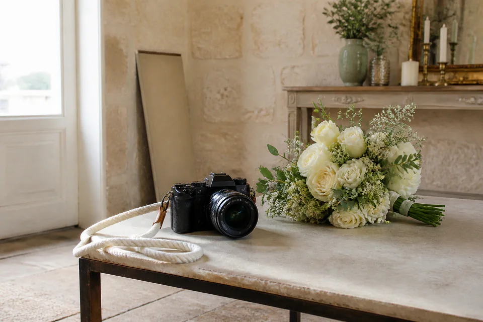 Appareil photo et accessoires de reportage de mariage — illustration générée par IA