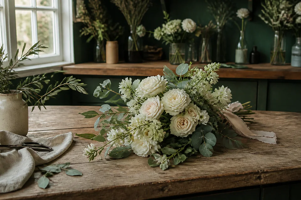 Préparation florale pour un mariage — illustration générée par IA