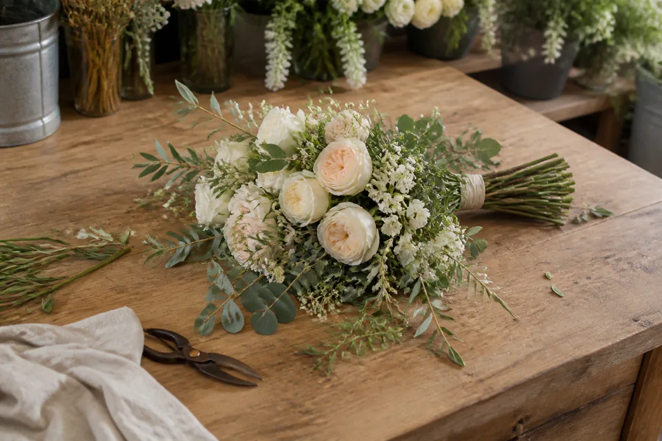Préparation florale pour un mariage — illustration générée par IA