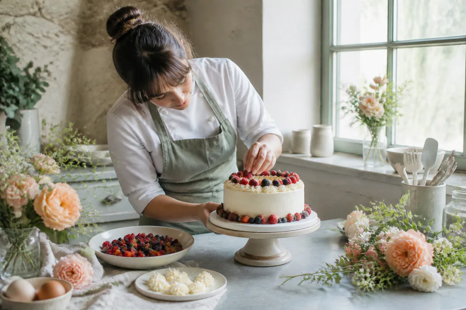 Gâteau de mariage préparé dans un atelier — illustration générée par IA