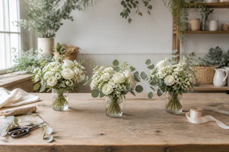 Préparation florale pour un mariage — illustration générée par IA