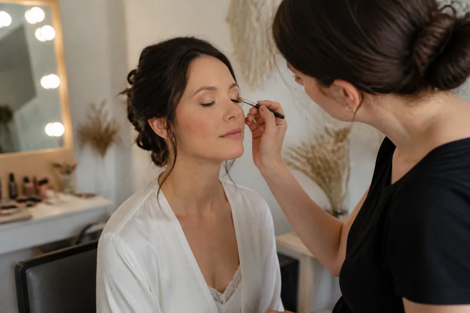 Préparation d’un maquillage de mariage — illustration générée par IA
