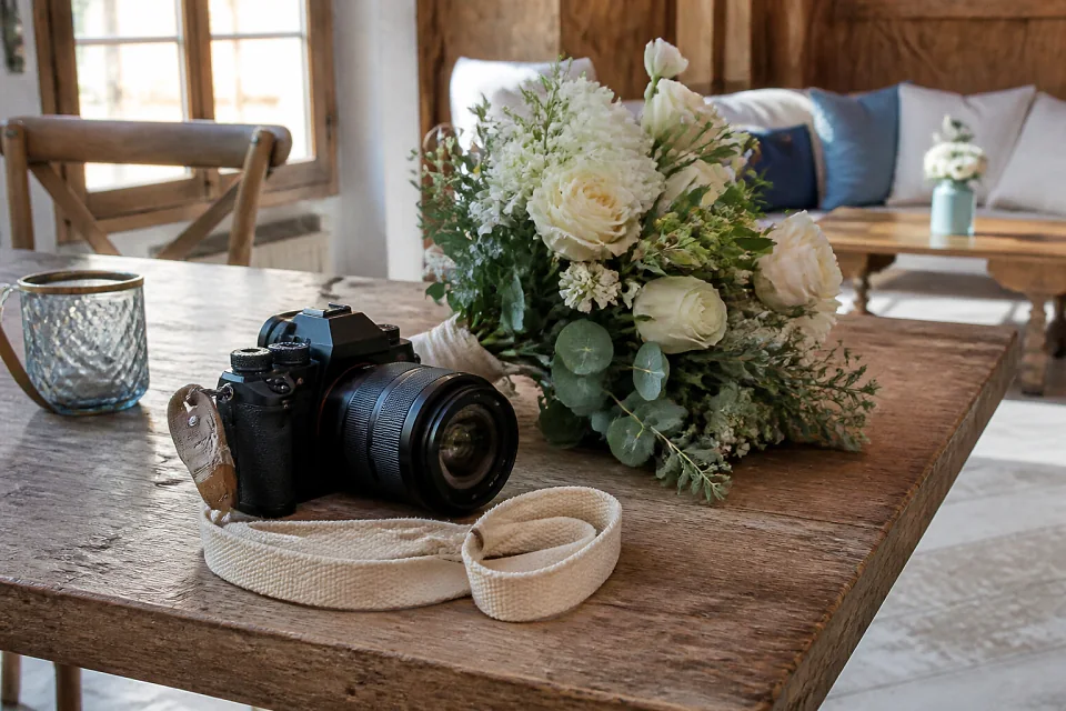 Appareil photo et accessoires de reportage de mariage — illustration générée par IA