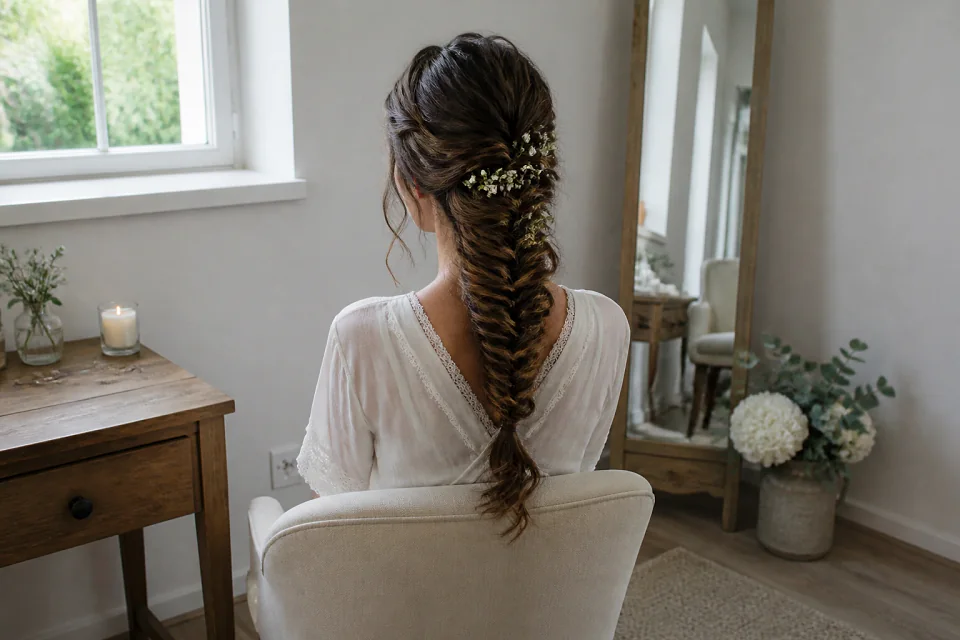 Coiffure de cérémonie vue pendant la préparation — illustration générée par IA