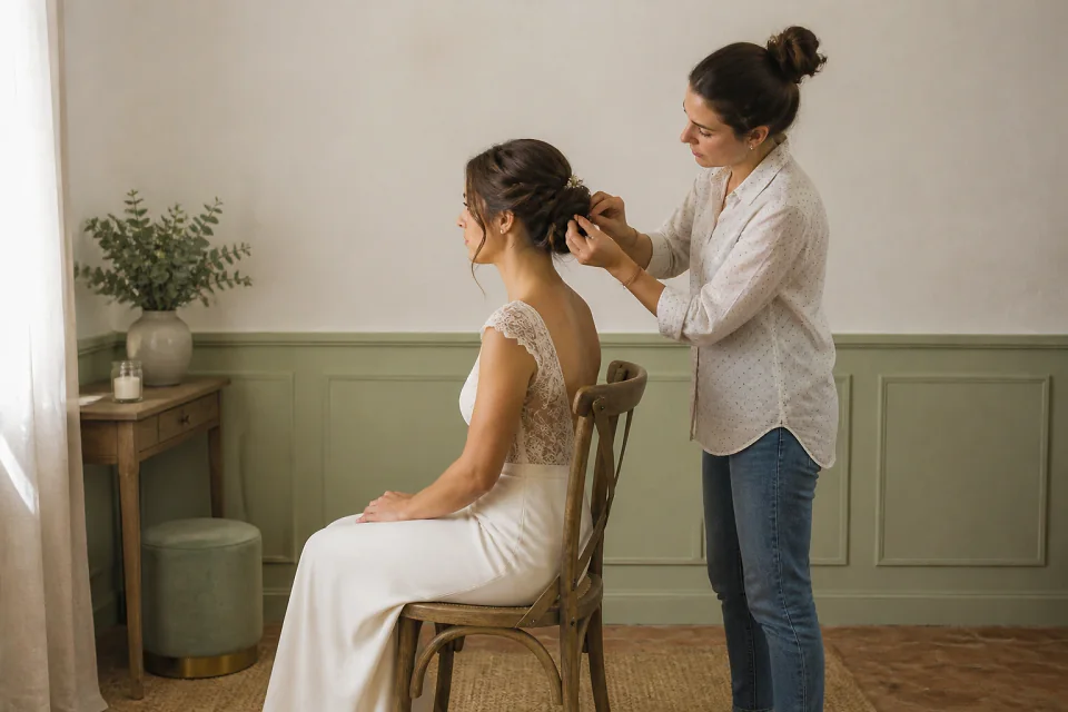 Coiffure de cérémonie vue pendant la préparation — illustration générée par IA