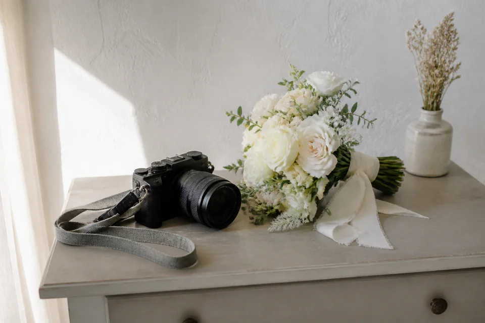 Appareil photo et accessoires de reportage de mariage — illustration générée par IA