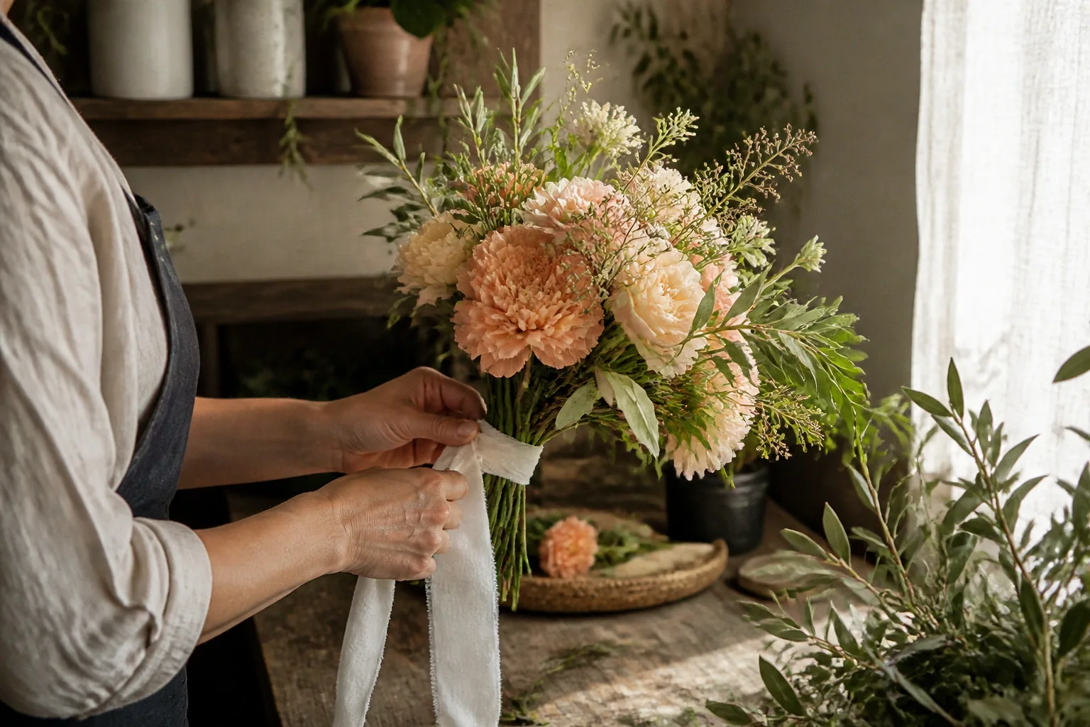 Préparation florale pour un mariage — illustration générée par IA