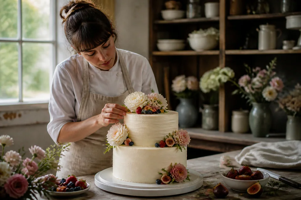 Gâteau de mariage préparé dans un atelier — illustration générée par IA