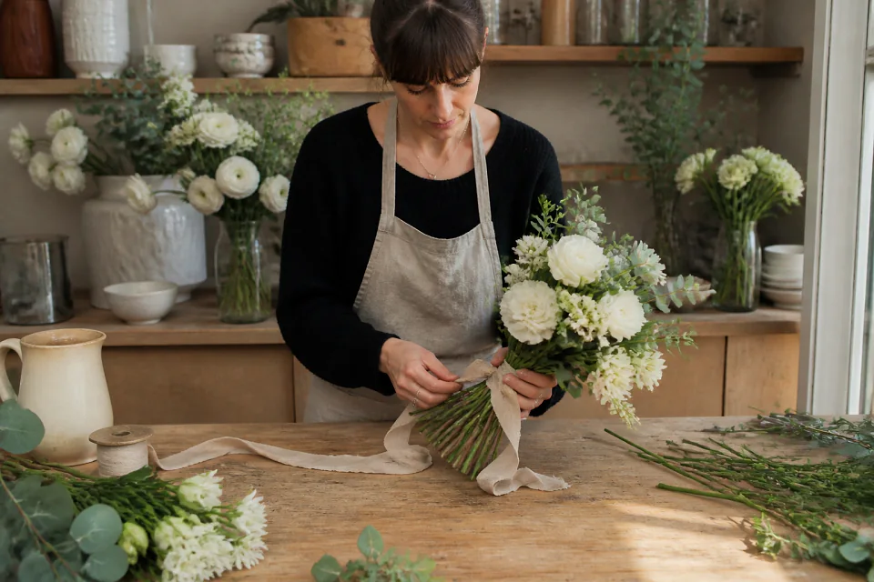 Préparation florale pour un mariage — illustration générée par IA