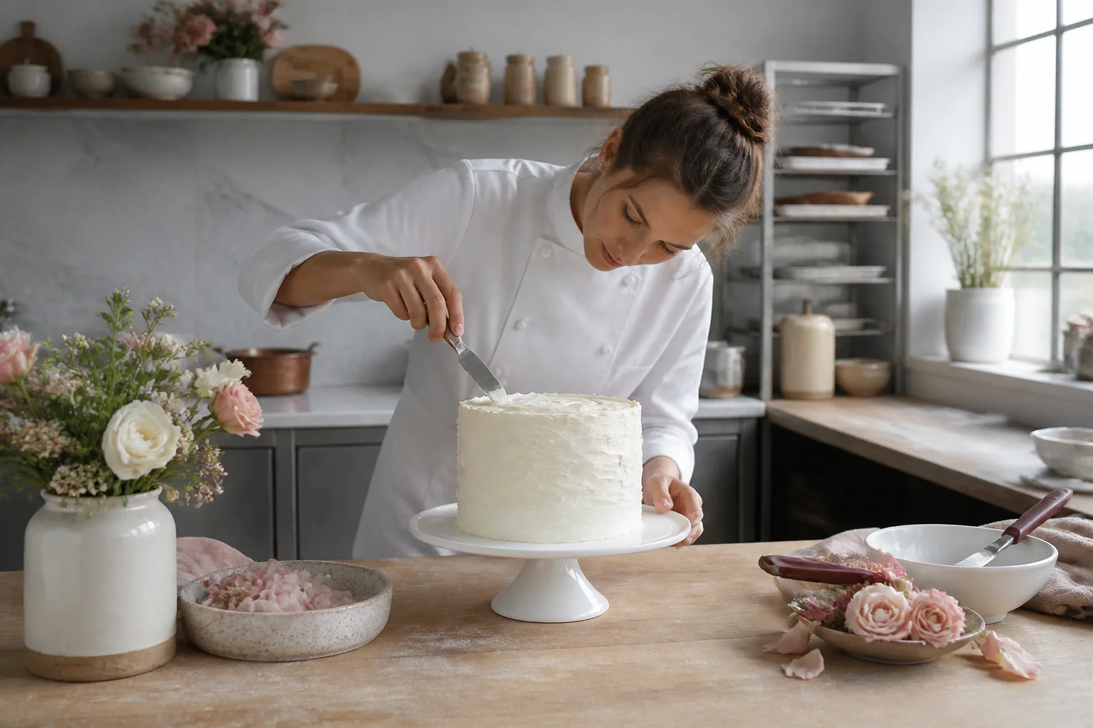 Gâteau de mariage préparé dans un atelier — illustration générée par IA