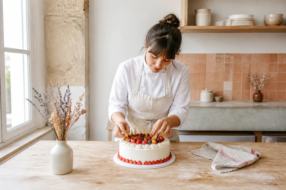 Gâteau de mariage préparé dans un atelier — illustration générée par IA