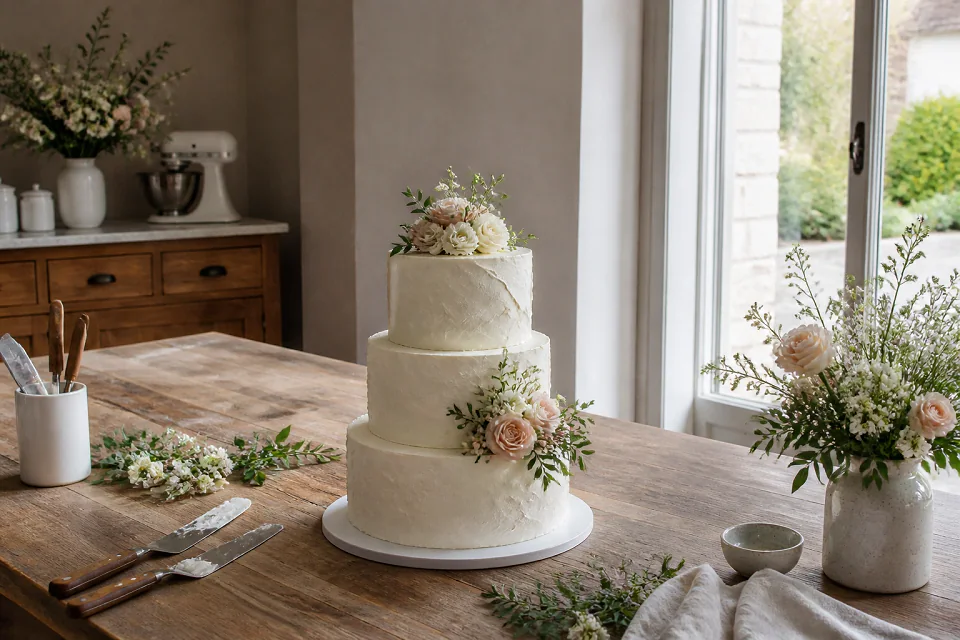 Gâteau de mariage préparé dans un atelier — illustration générée par IA