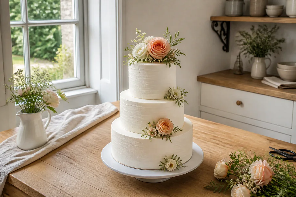 Gâteau de mariage préparé dans un atelier — illustration générée par IA