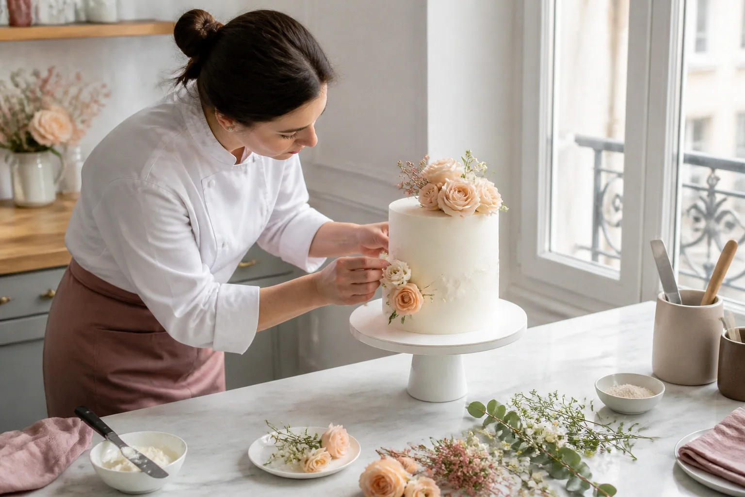 Gâteau de mariage préparé dans un atelier — illustration générée par IA