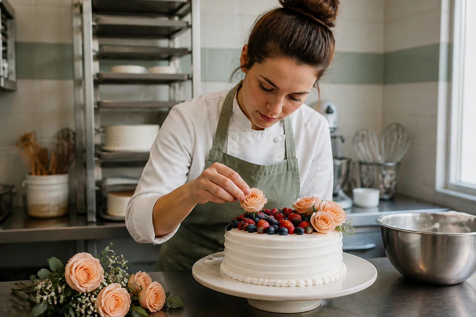 Gâteau de mariage préparé dans un atelier — illustration générée par IA