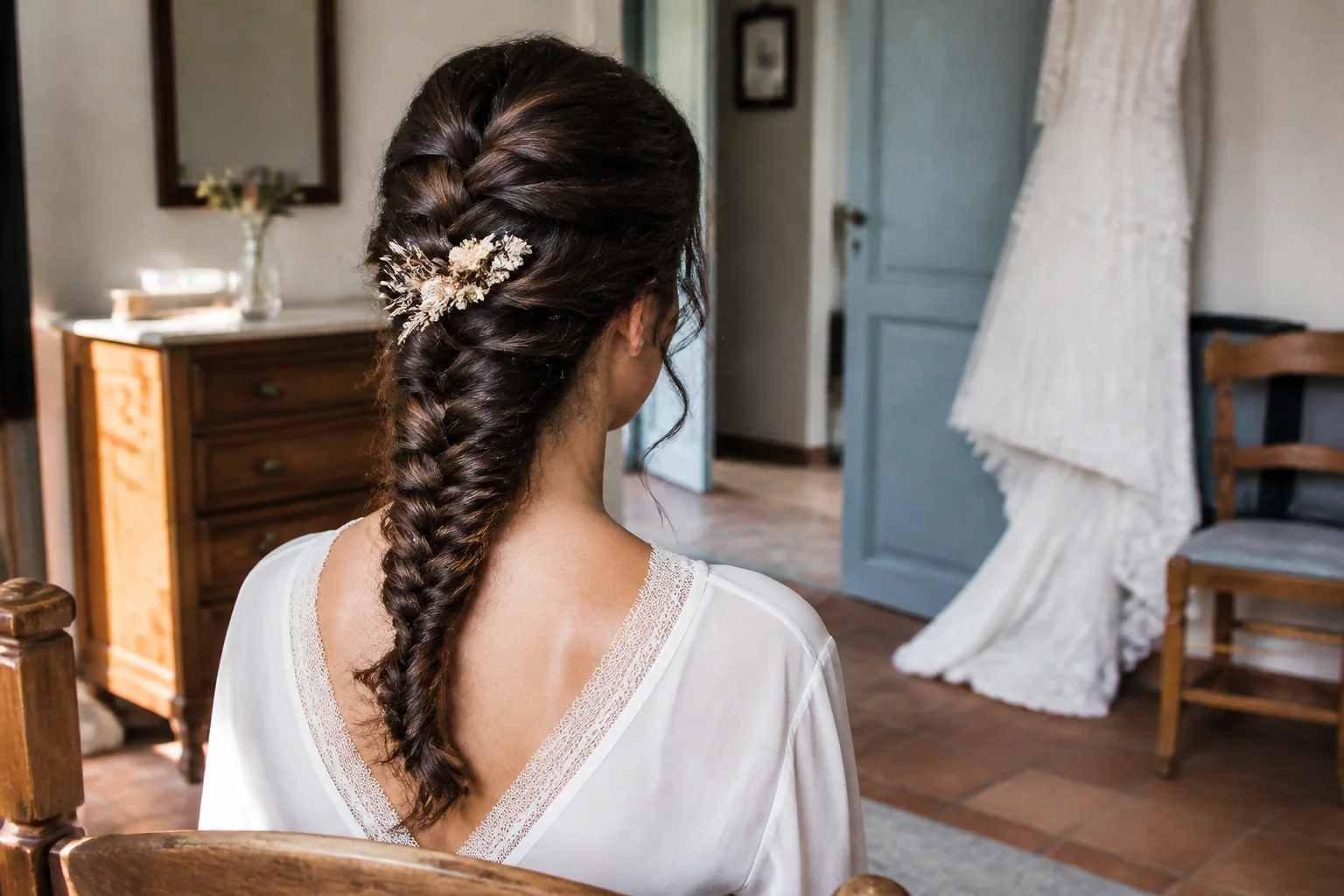 Coiffure de cérémonie vue pendant la préparation — illustration générée par IA