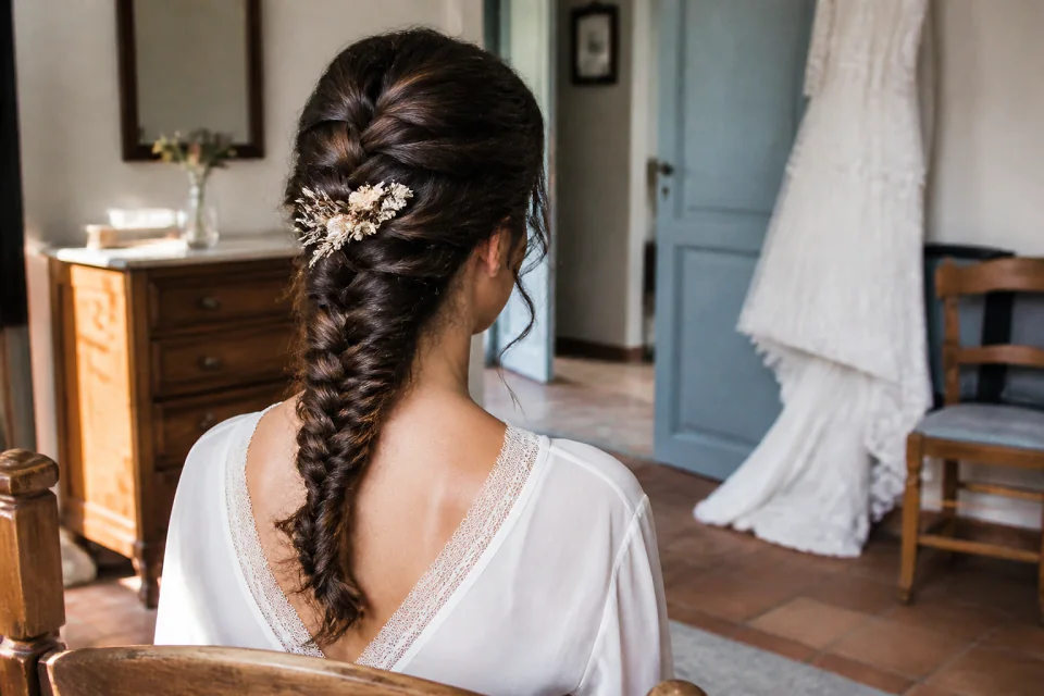 Coiffure de cérémonie vue pendant la préparation — illustration générée par IA