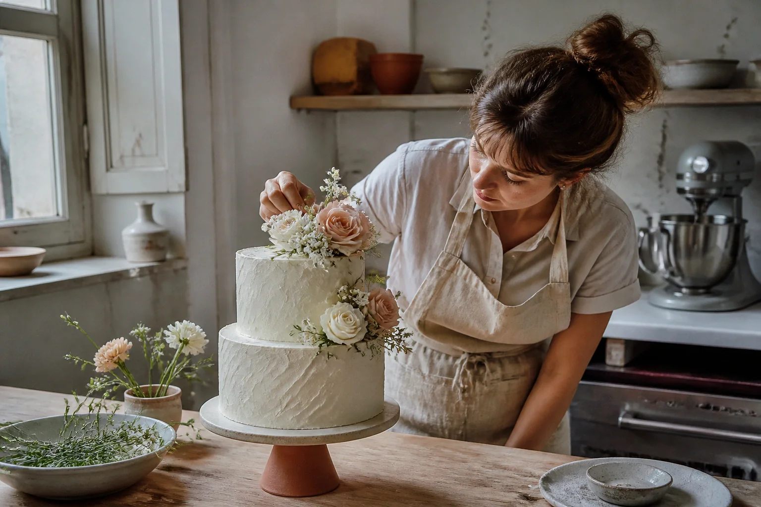 Gâteau de mariage préparé dans un atelier — illustration générée par IA
