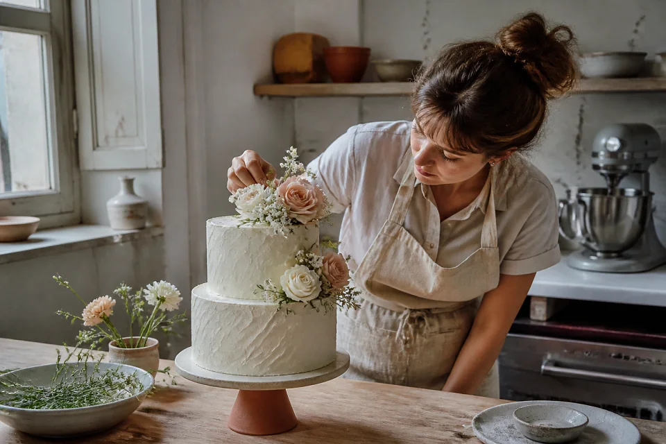 Gâteau de mariage préparé dans un atelier — illustration générée par IA