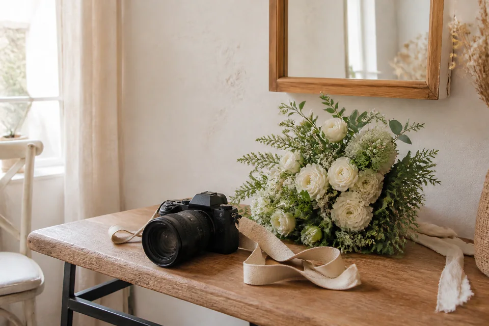 Appareil photo et accessoires de reportage de mariage — illustration générée par IA
