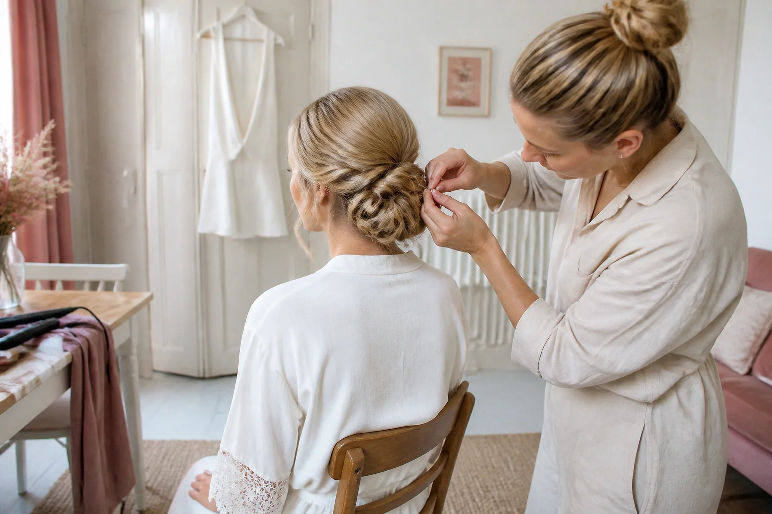 Coiffure de cérémonie vue pendant la préparation — illustration générée par IA