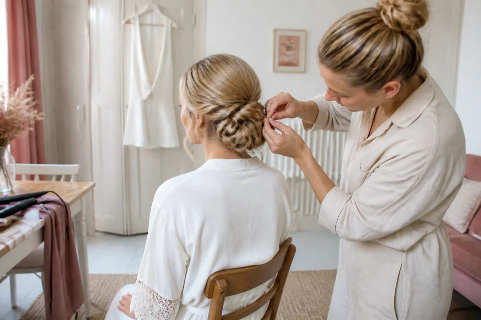Coiffure de cérémonie vue pendant la préparation — illustration générée par IA