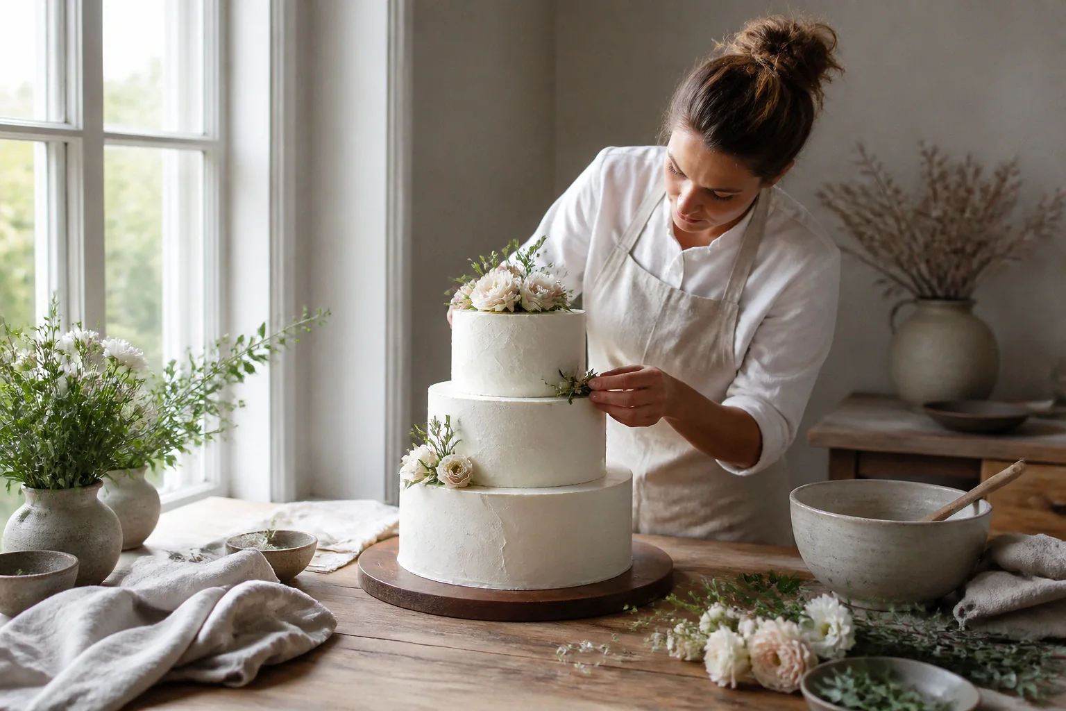 Gâteau de mariage préparé dans un atelier — illustration générée par IA