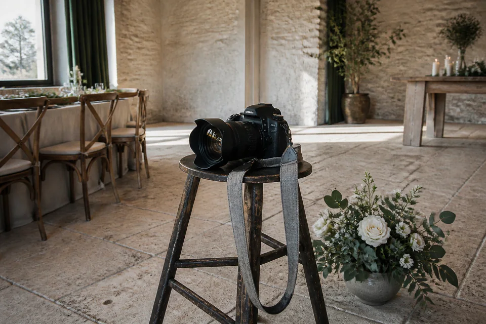 Appareil photo et accessoires de reportage de mariage — illustration générée par IA