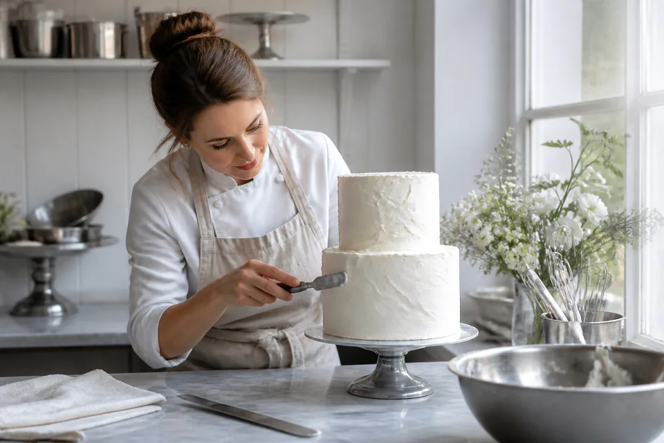Gâteau de mariage préparé dans un atelier — illustration générée par IA