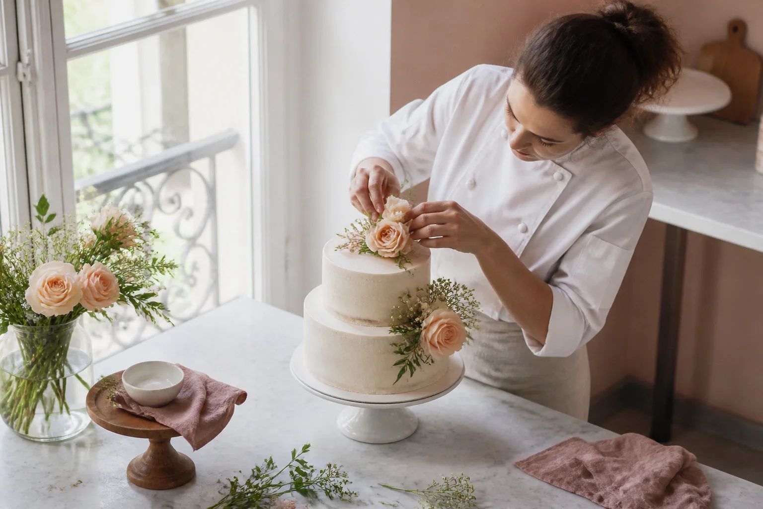 Gâteau de mariage préparé dans un atelier — illustration générée par IA