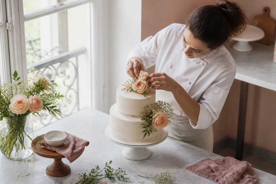 Gâteau de mariage préparé dans un atelier — illustration générée par IA