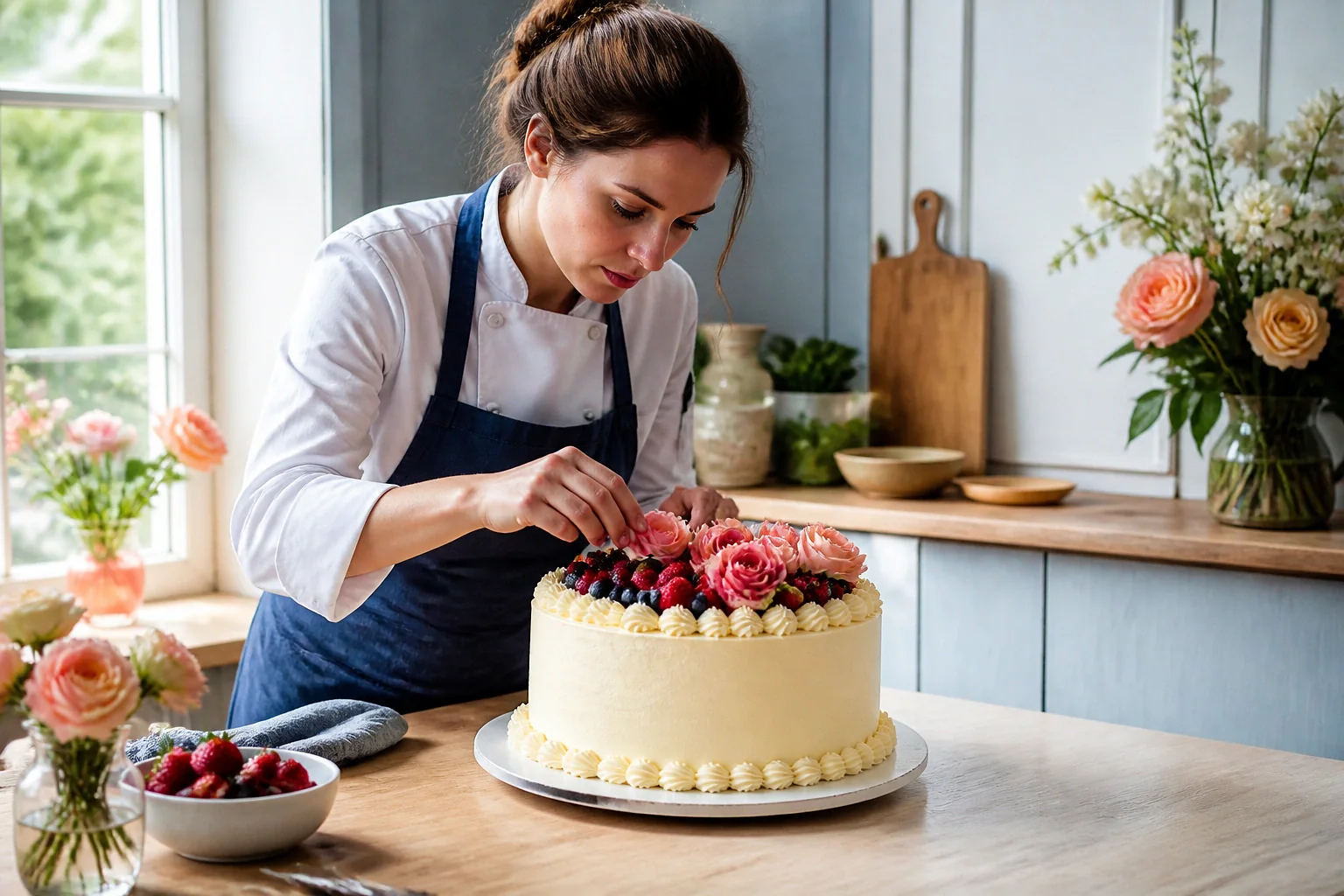 Gâteau de mariage préparé dans un atelier — illustration générée par IA