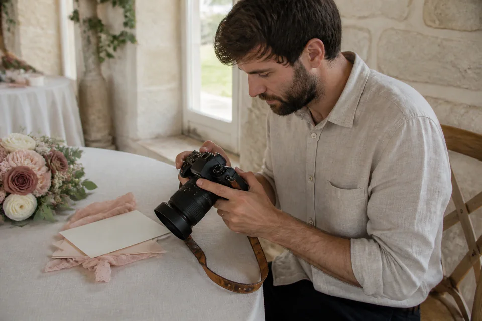 Appareil photo et accessoires de reportage de mariage — illustration générée par IA