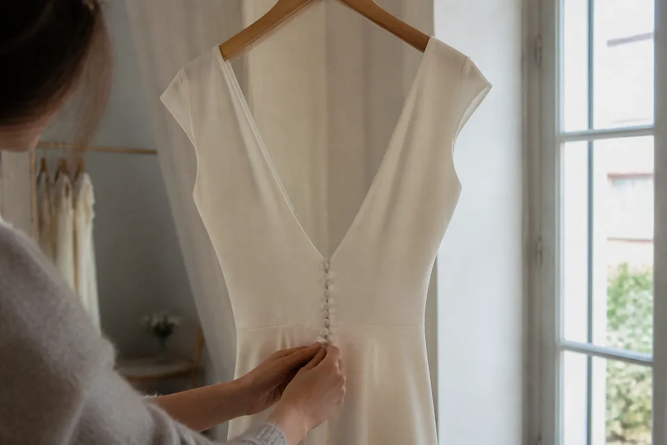 Robe de mariée dans un atelier de confection — illustration générée par IA