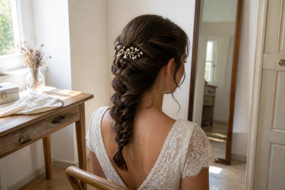 Coiffure de cérémonie vue pendant la préparation — illustration générée par IA