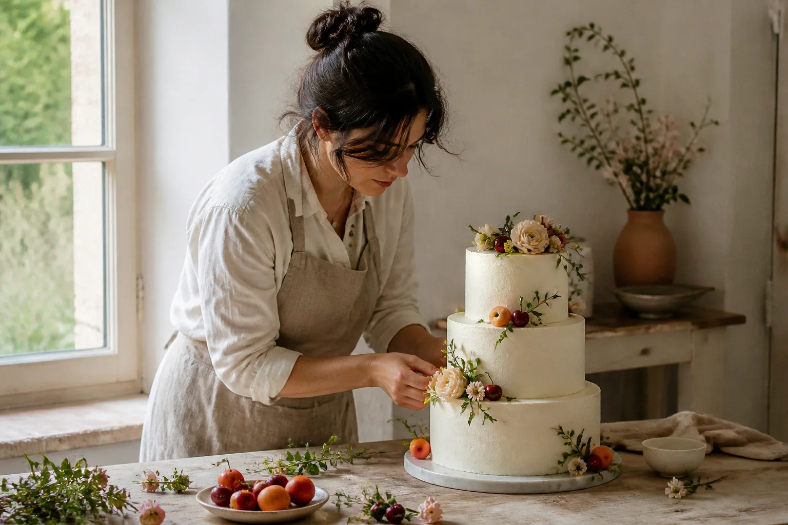 Gâteau de mariage préparé dans un atelier — illustration générée par IA